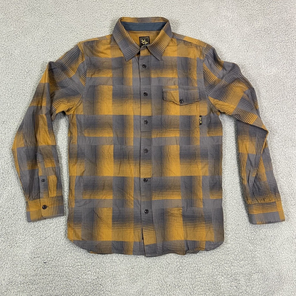 Lost Enterprises Lost at Sea Plaid Flannel Shirt Mens Small Yellow Grey Cotton